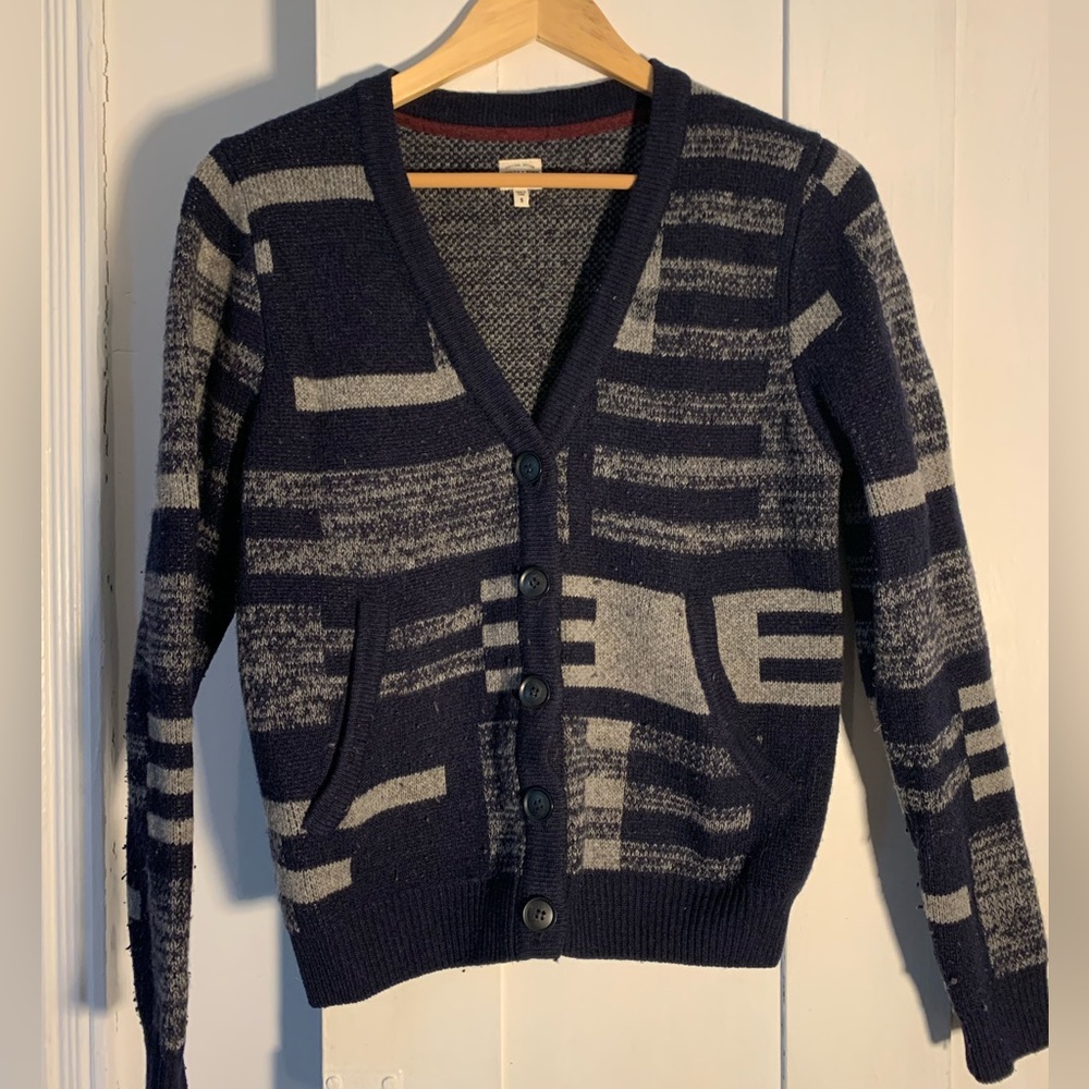 Bridge & Burn Geometric Knit Cardigan Sweater - Navy Gray, wool